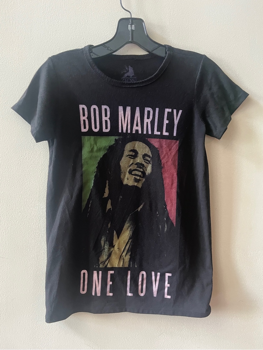 Bob Marley Tshirt, women’s xs black tee with yellow, red, green colors